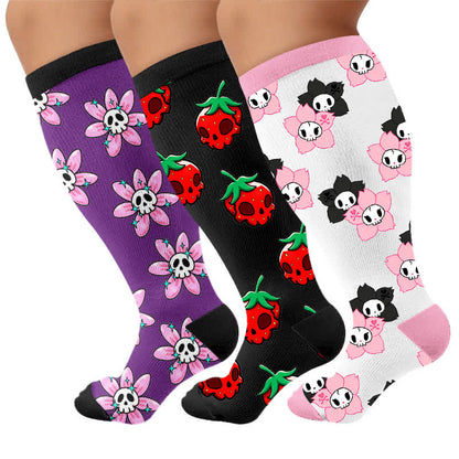 Chaussettes de compression roses à tête de mort et marguerite grande taille - image 7