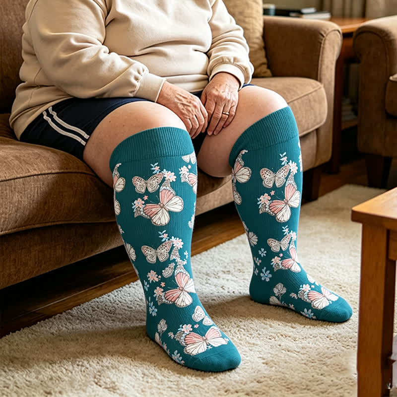 Chaussettes de compression fleuries grandes tailles - Bleu - 4XL - image 3