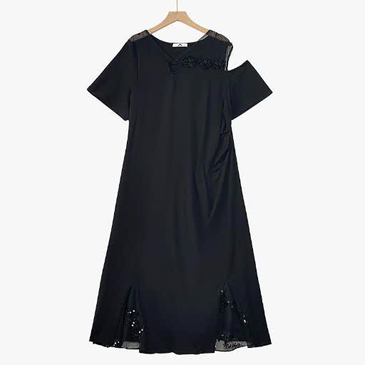 Robe midi grande taille à taille froncée, col en V en maille et manches courtes - Noir - 6XL - image 1