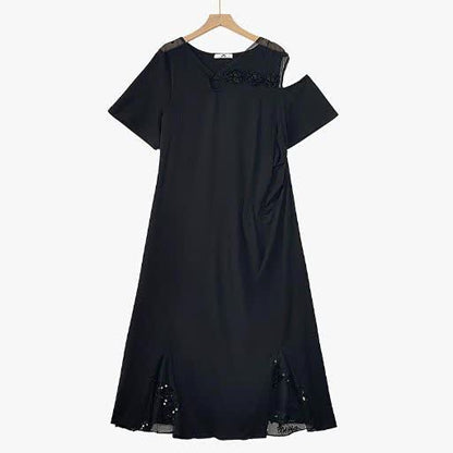 Robe midi grande taille à taille froncée, col en V en maille et manches courtes - Noir - 6XL - image 1