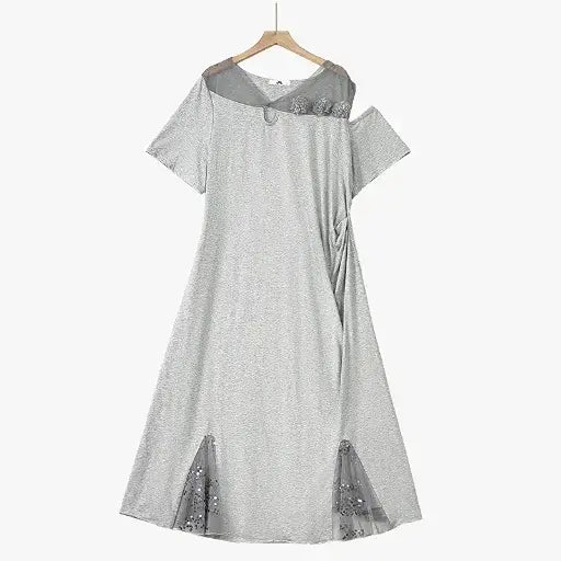 Robe midi grande taille à taille froncée, col en V en maille et manches courtes - Gris - 6XL - image 2