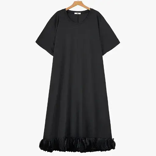 Robe midi modeste à col rond et manches courtes grande taille - Noir - 6XL - image 0