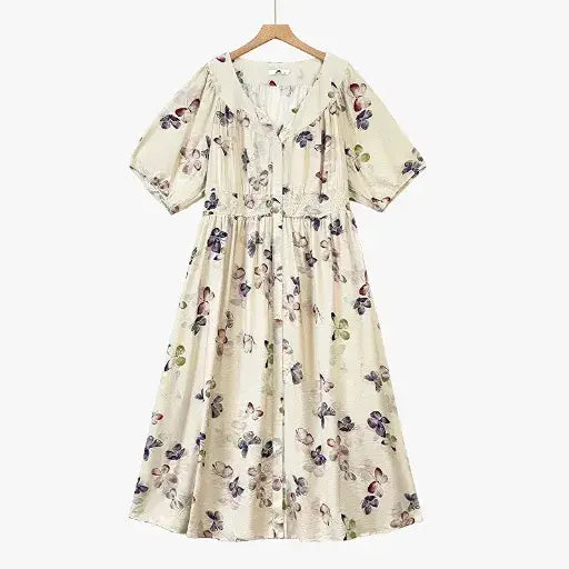 Robes d'été légères vintage à fleurs, col en V et taille empire - Beige - 6XL - image 0