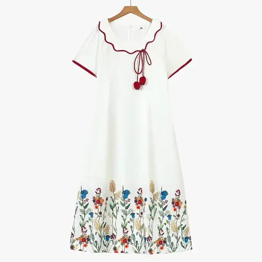 Robe midi fleurie à manches courtes et à franges grande taille - Blanc - 6XL - image 0