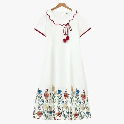 Robe midi fleurie à manches courtes et à franges grande taille - Blanc - 6XL - image 0