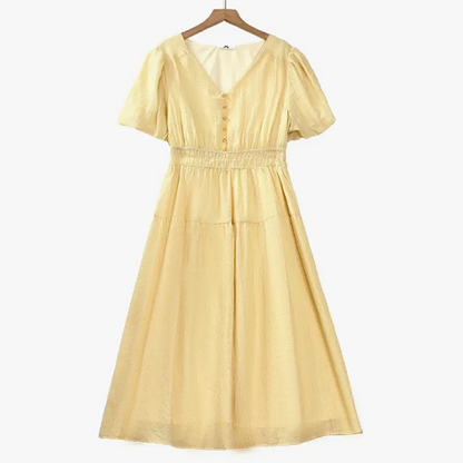 Robe midi grande taille à col V, manches bouffantes courtes et taille empire - Jaune - 6XL - image 0
