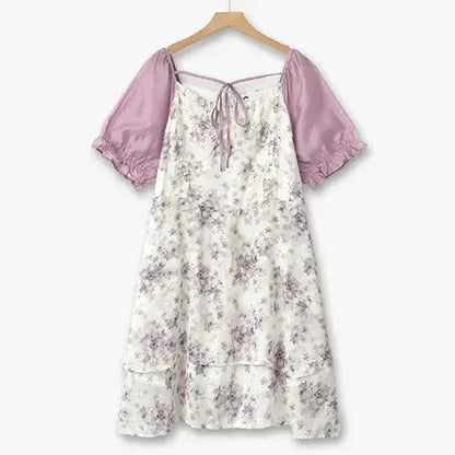 Robes d'été trapèze à col carré bouffant et imprimé floral contrasté pour grandes tailles - Violet - 6XL - image 0