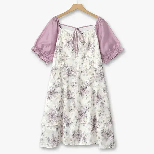 Robes d'été trapèze à col carré bouffant et imprimé floral contrasté pour grandes tailles - Violet - 6XL - image 0