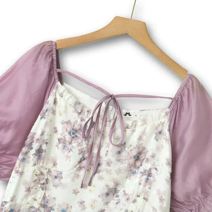 Robes d'été trapèze à col carré bouffant et imprimé floral contrasté pour grandes tailles - image 1