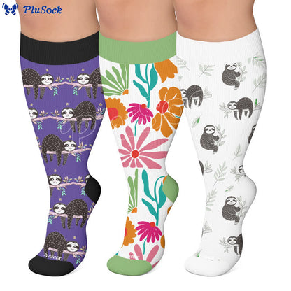Chaussettes de compression grandes tailles à motif paresseux botanique - image 0
