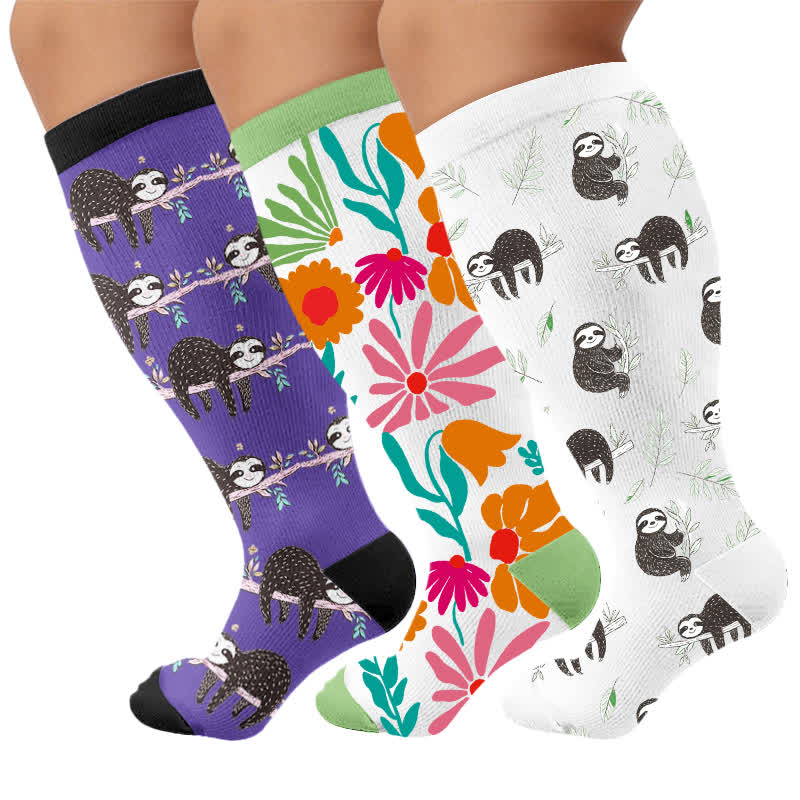 Chaussettes de compression grandes tailles à motif paresseux botanique - image 7