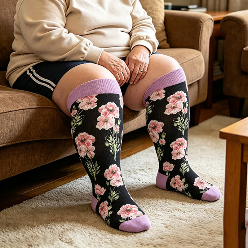Chaussettes de compression à fleurs rose poudré grandes tailles - Violet - 4XL - image 2