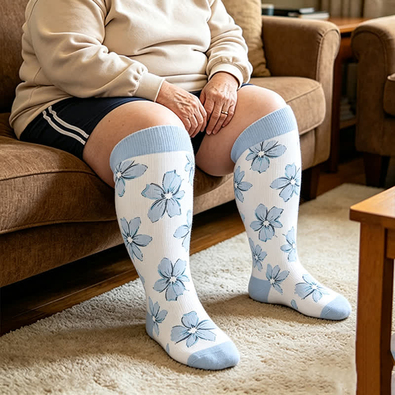 Chaussettes de compression à fleurs rose poudré grandes tailles - Bleu - 4XL - image 3