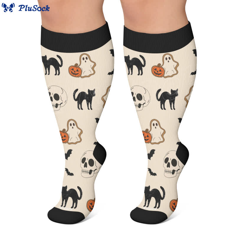 Chaussettes de compression grandes tailles à motif citrouille, chat et fantôme - image 4