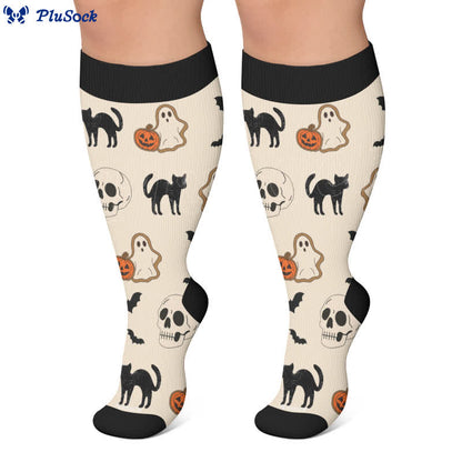 Chaussettes de compression grandes tailles à motif citrouille, chat et fantôme - image 4