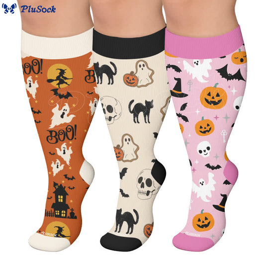 Chaussettes de compression grandes tailles à motif citrouille, chat et fantôme - image 0