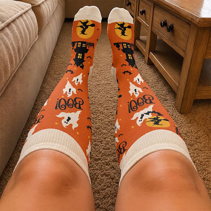 Chaussettes de compression grandes tailles à motif citrouille, chat et fantôme - image 1