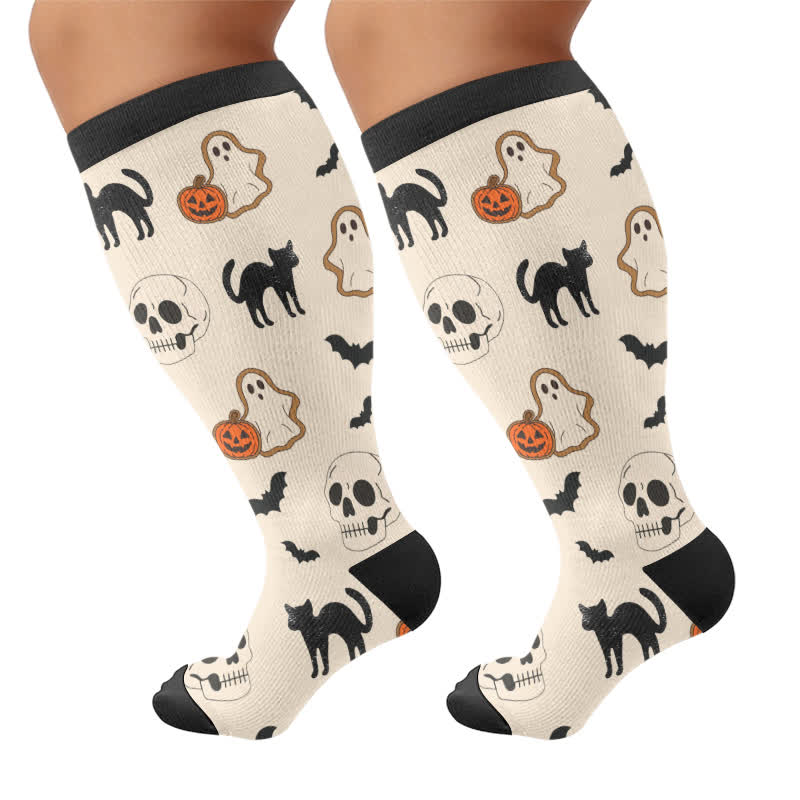 Chaussettes de compression grandes tailles à motif citrouille, chat et fantôme - Beige - 4XL - image 7