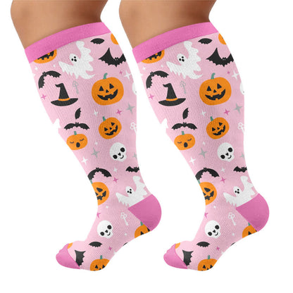 Chaussettes de compression grandes tailles à motif citrouille, chat et fantôme - Violet - 4XL - image 9