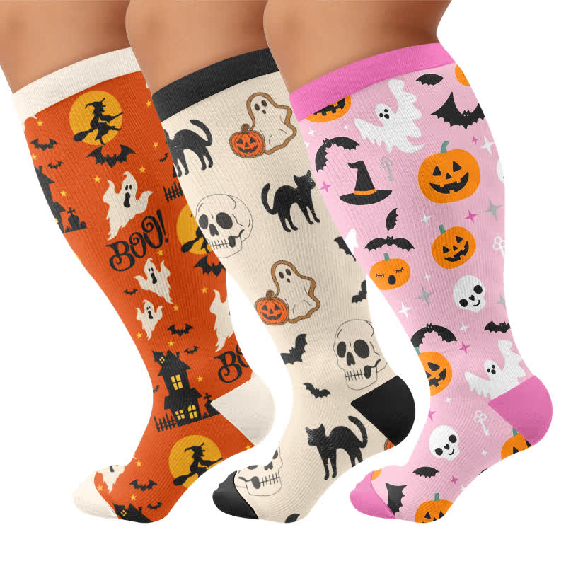 Chaussettes de compression grandes tailles à motif citrouille, chat et fantôme - image 4