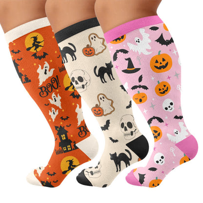 Chaussettes de compression grandes tailles à motif citrouille, chat et fantôme - image 4