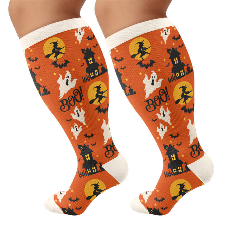 Chaussettes de compression grandes tailles à motif citrouille, chat et fantôme - Brun - 4XL - image 8