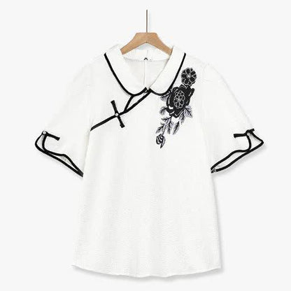 Ensembles d'été 2 pièces grande taille : haut à col mandarin et boutons brandebourg et jupe à imprimé floral - Blouse - 6XL - image 1