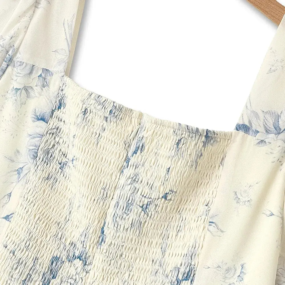 Robe d'été à col carré, manches bouffantes courtes et bordure en dentelle, à volants - image 2