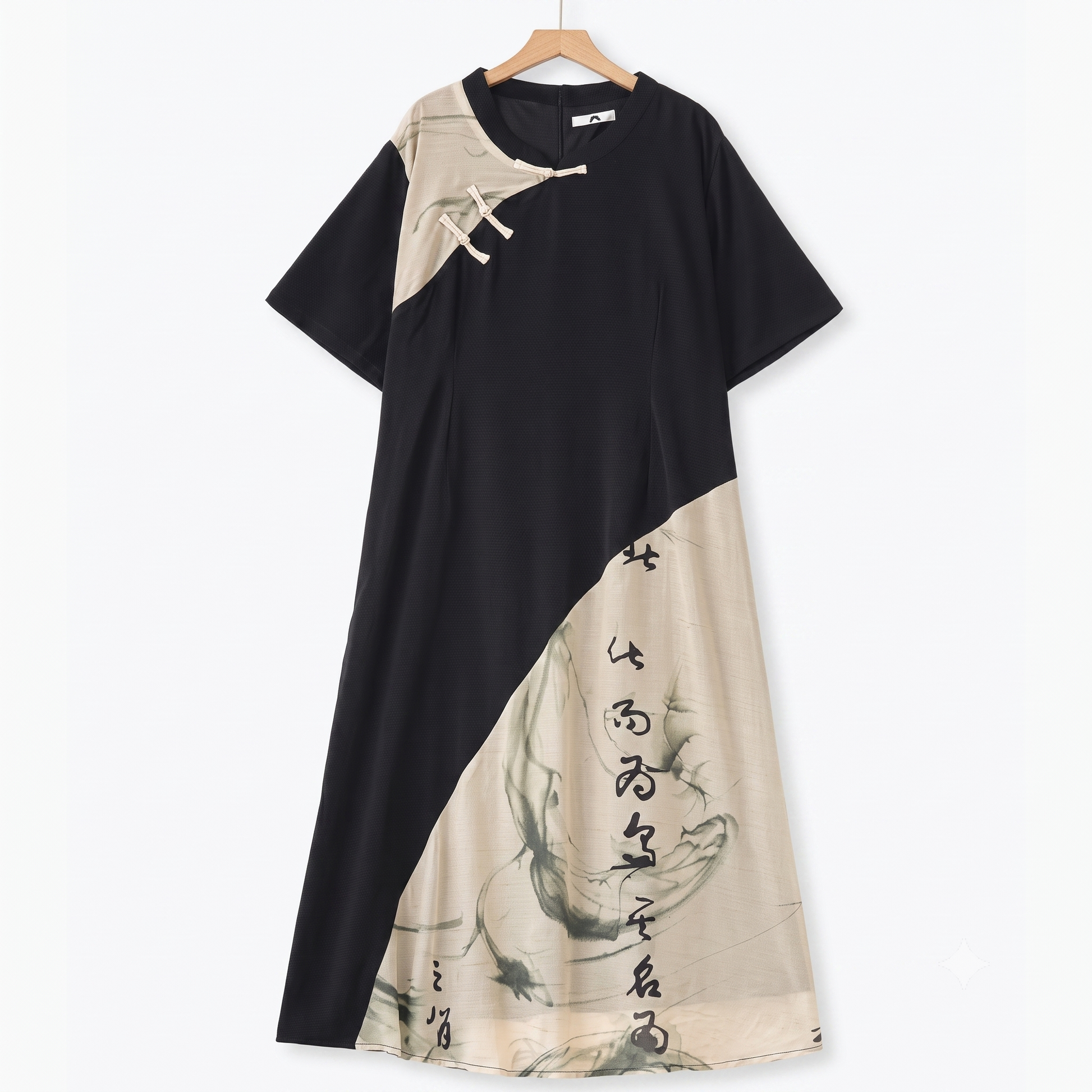 Robes d'été légères à manches courtes et col mandarin - Noir - 6XL - image 0