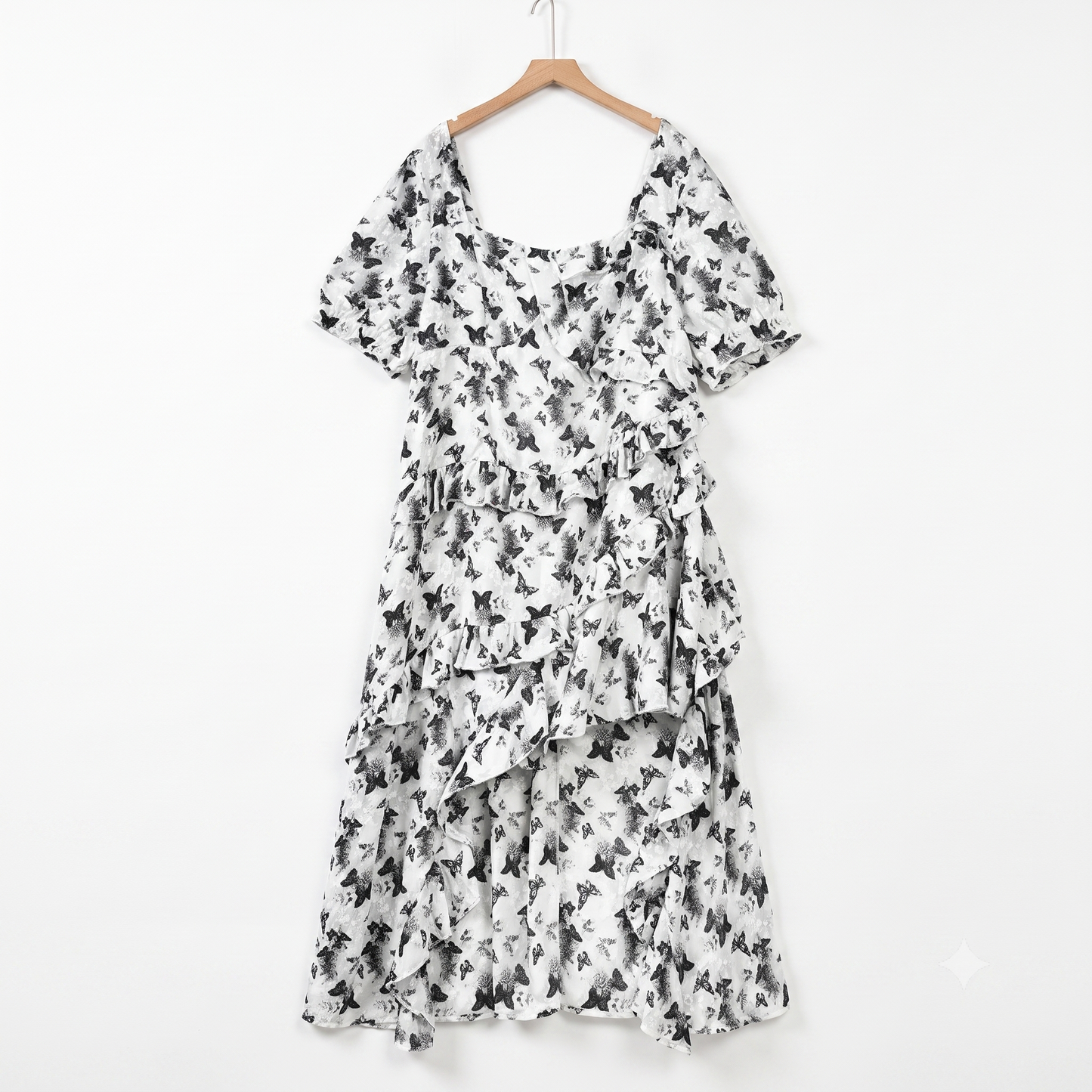 Robe d'été à volants fleurie, col carré, manches courtes bouffantes, grande taille - Noir - 6XL - image 0