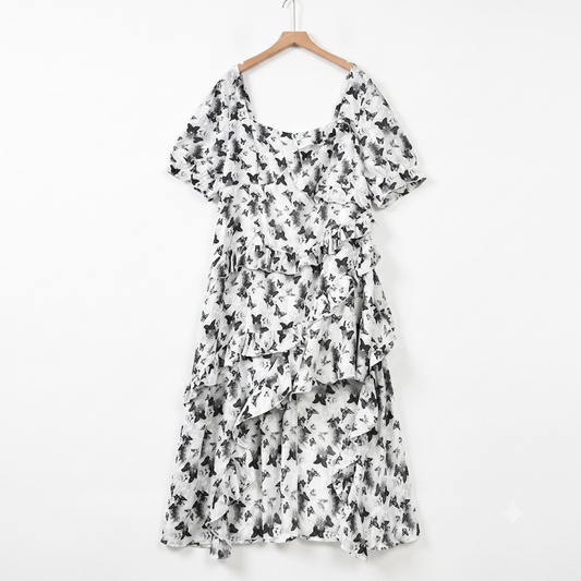 Robe d'été à volants fleurie, col carré, manches courtes bouffantes, grande taille - Noir - 6XL - image 0