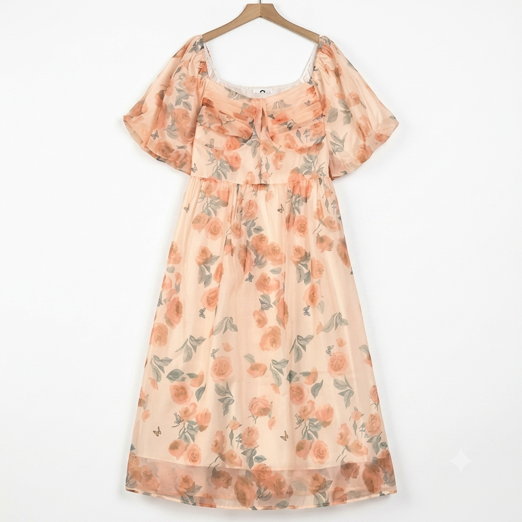 Robe d'été grande taille à col carré, manches bouffantes courtes et taille empire, imprimé floral - Rose - 4XL - image 0
