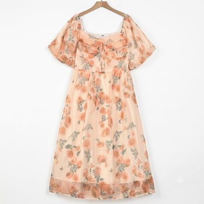 Robe d'été grande taille à col carré, manches bouffantes courtes et taille empire, imprimé floral - Rose - 4XL - image 0