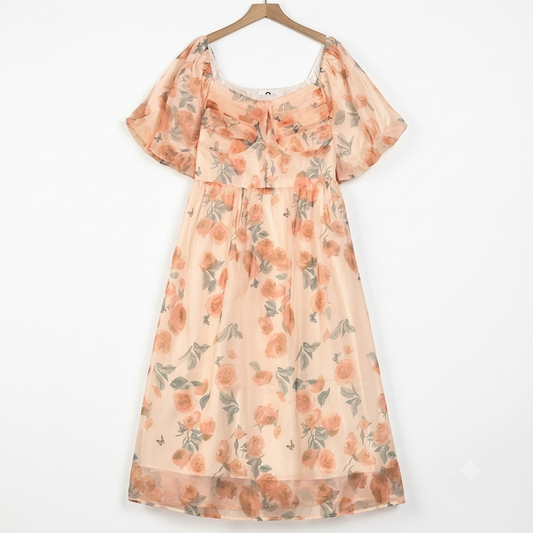 Robe d'été grande taille à col carré, manches bouffantes courtes et taille empire, imprimé floral - Rose - 4XL - image 0