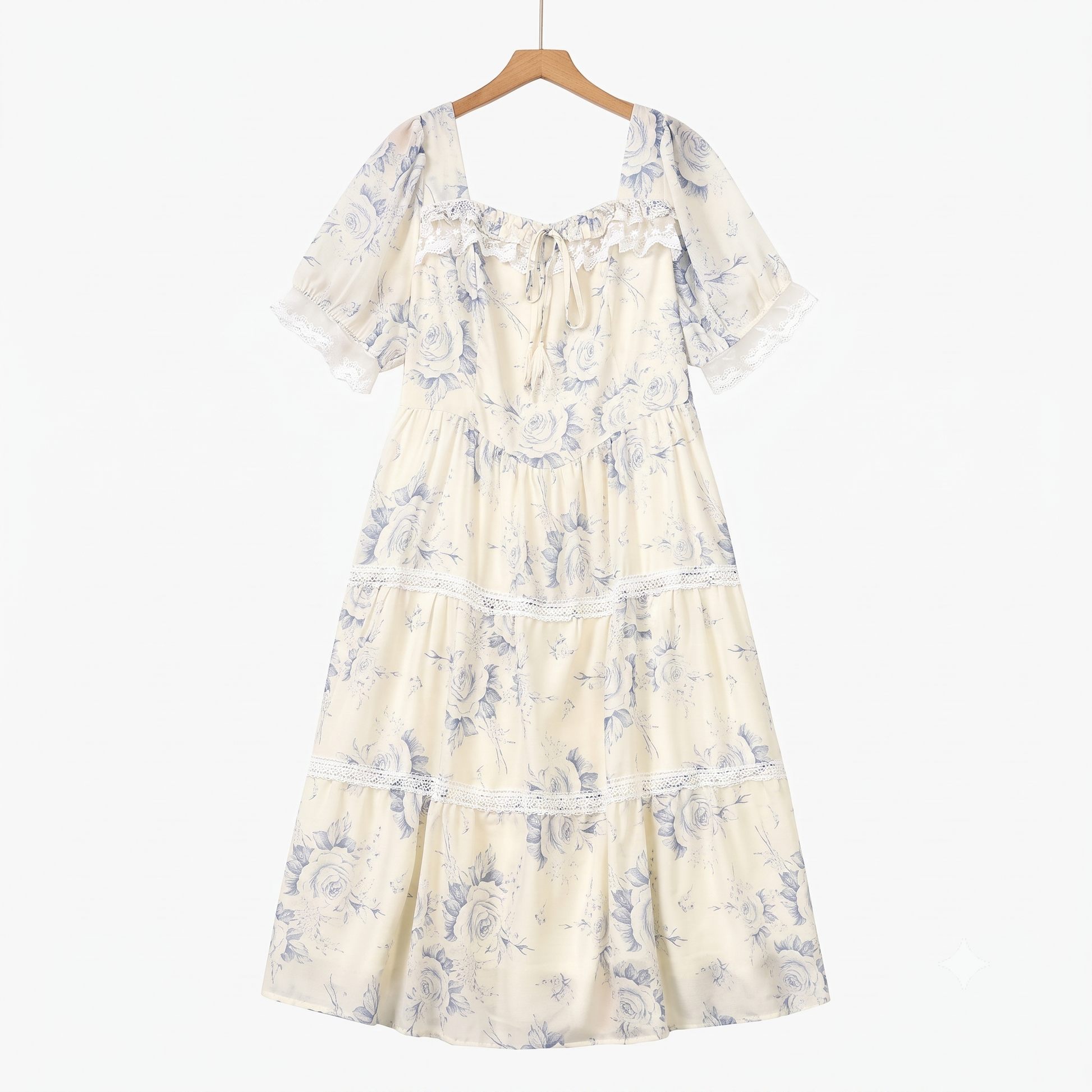 Robe d'été à col carré, manches bouffantes courtes et bordure en dentelle, à volants - Beige - 6XL - image 0