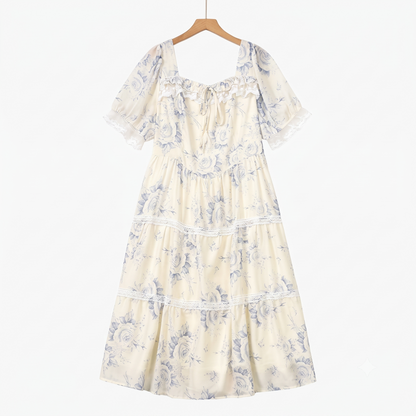 Robe d'été à col carré, manches bouffantes courtes et bordure en dentelle, à volants - Beige - 6XL - image 0