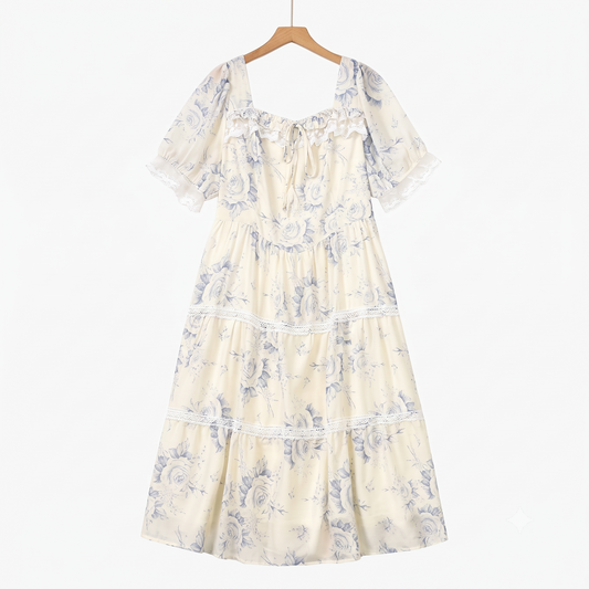 Robe d'été à col carré, manches bouffantes courtes et bordure en dentelle, à volants - Beige - 6XL - image 0