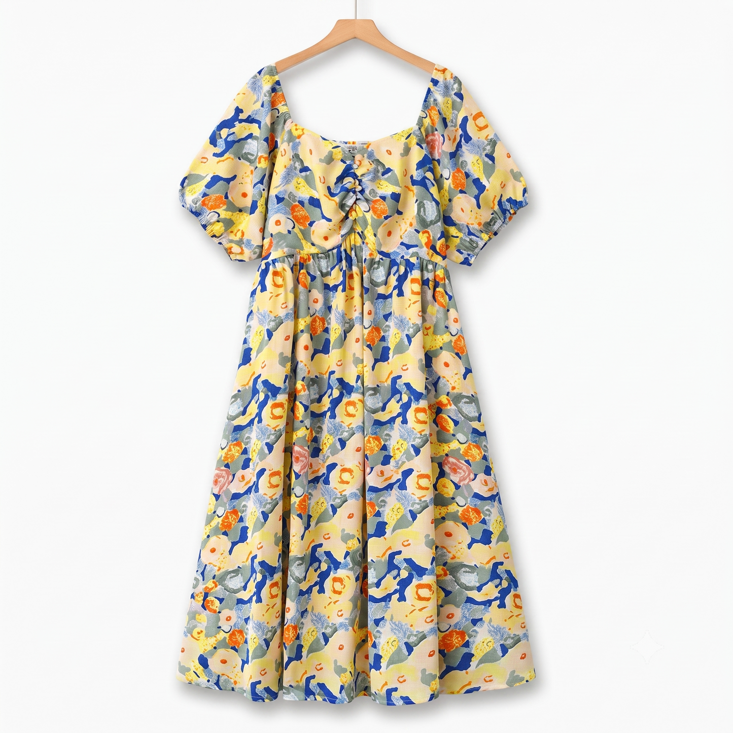 Robe d'été légère à manches bouffantes et imprimé floral, grande taille empire - Jaune - 6XL - image 0