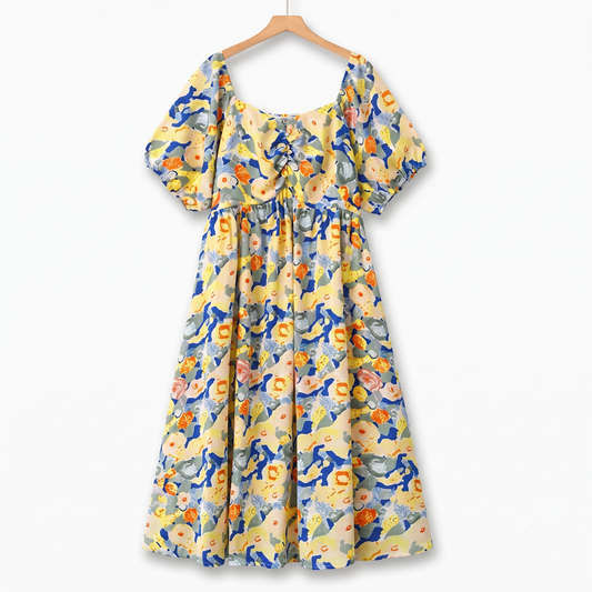 Robe d'été légère à manches bouffantes et imprimé floral, grande taille empire - Jaune - 6XL - image 0