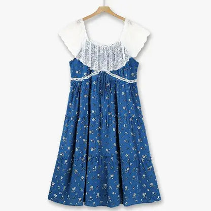 Robe midi d'été grande taille à manches papillon en dentelle et imprimé floral discret - Bleu - 6XL - image 0