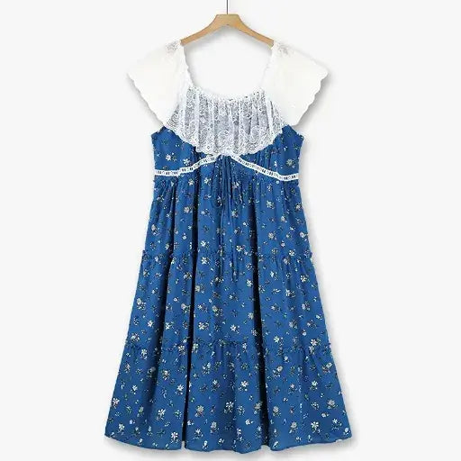 Robe midi d'été grande taille à manches papillon en dentelle et imprimé floral discret - Bleu - 6XL - image 0