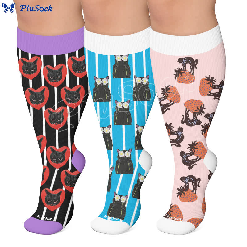 Chaussettes de compression grandes tailles à rayures en forme de cœur et de chat - image 0