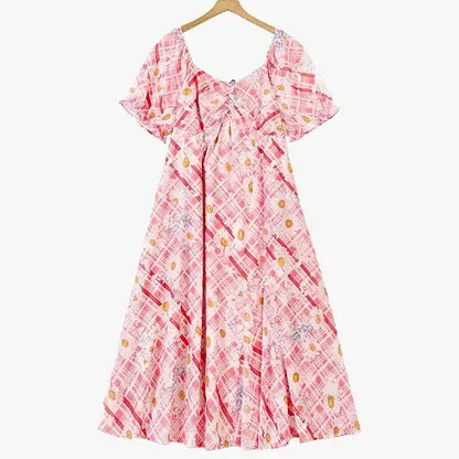 Robe maxi d'été grande taille à col carré, manches bouffantes courtes et imprimé à carreaux marguerites - Rose - 6XL - image 0