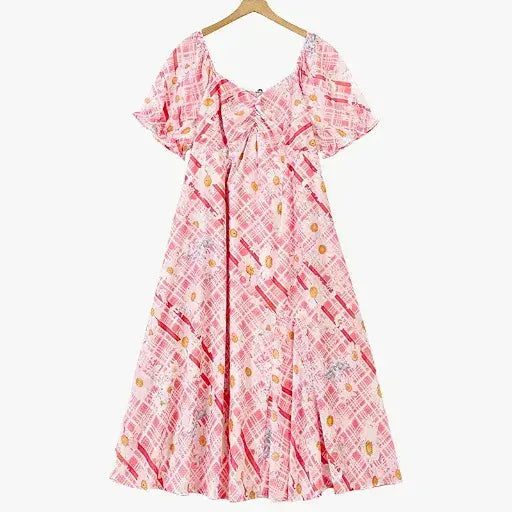 Robe maxi d'été grande taille à col carré, manches bouffantes courtes et imprimé à carreaux marguerites - Rose - 6XL - image 0