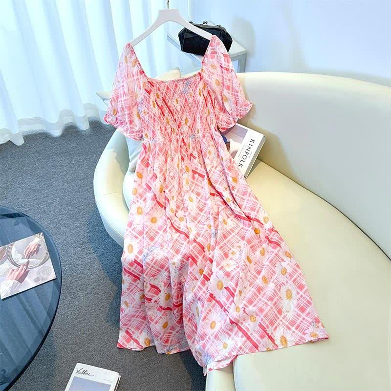 Robe maxi d'été grande taille à col carré, manches bouffantes courtes et imprimé à carreaux marguerites - image 7