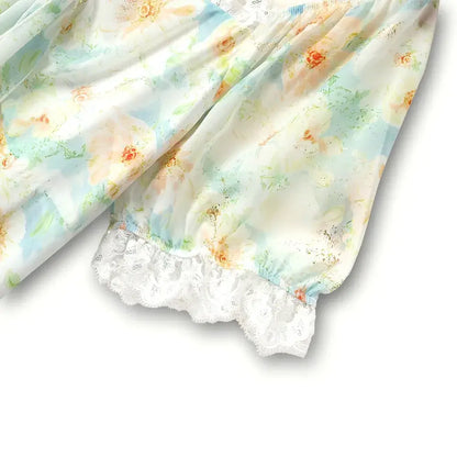 Robe longue d'été grande taille à col carré, bordure en dentelle et imprimé floral, manches bouffantes - image 3