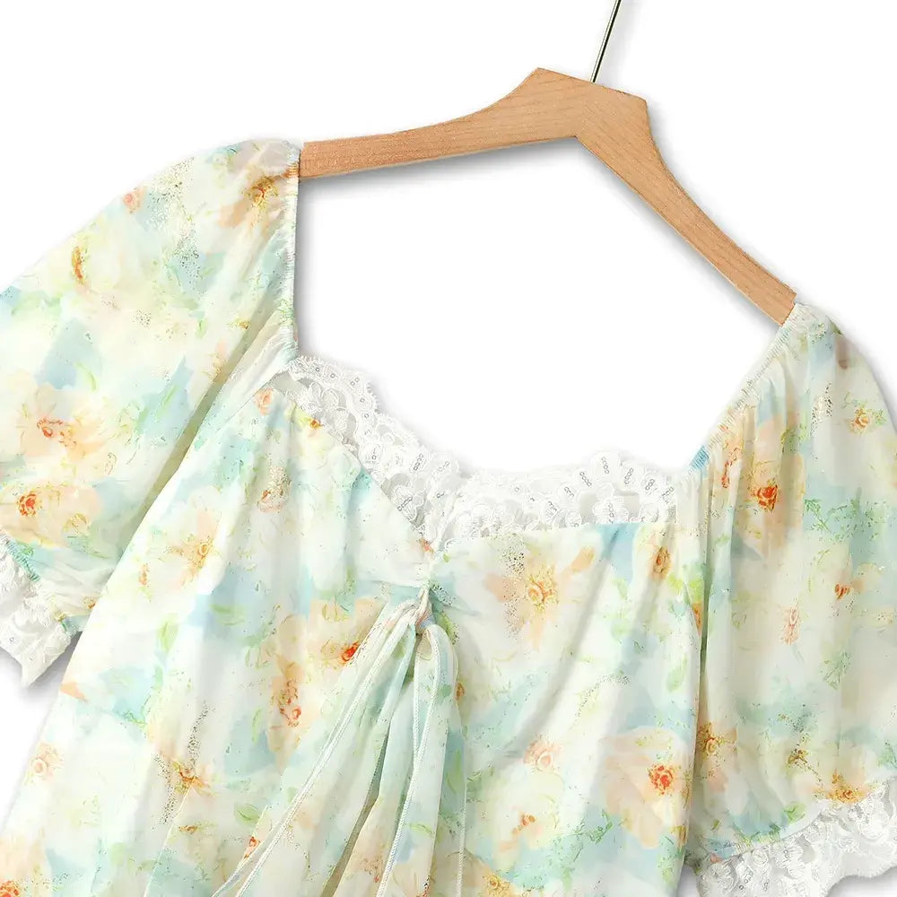 Robe longue d'été grande taille à col carré, bordure en dentelle et imprimé floral, manches bouffantes - image 1