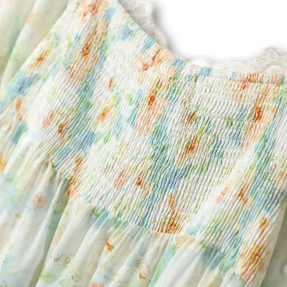 Robe longue d'été grande taille à col carré, bordure en dentelle et imprimé floral, manches bouffantes - image 2