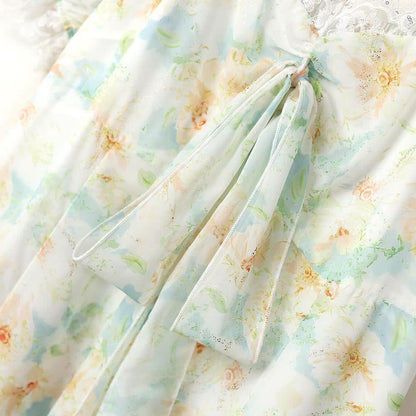Robe longue d'été grande taille à col carré, bordure en dentelle et imprimé floral, manches bouffantes - image 5