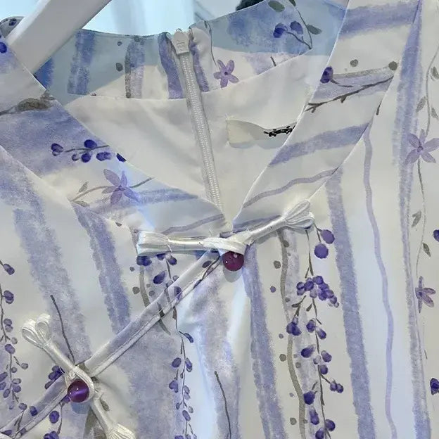 Robe maxi d'été grande taille à rayures florales et col mandarin - image 1